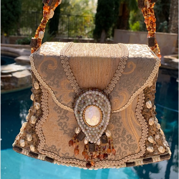 Mary Frances Handbags - A Vintage Mary Frances Handbag Beaded Floral Brown Satin Beige Textile Clutch
